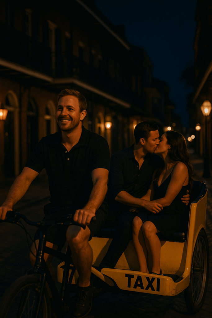 A couple enjoys french quarter pedicab ride